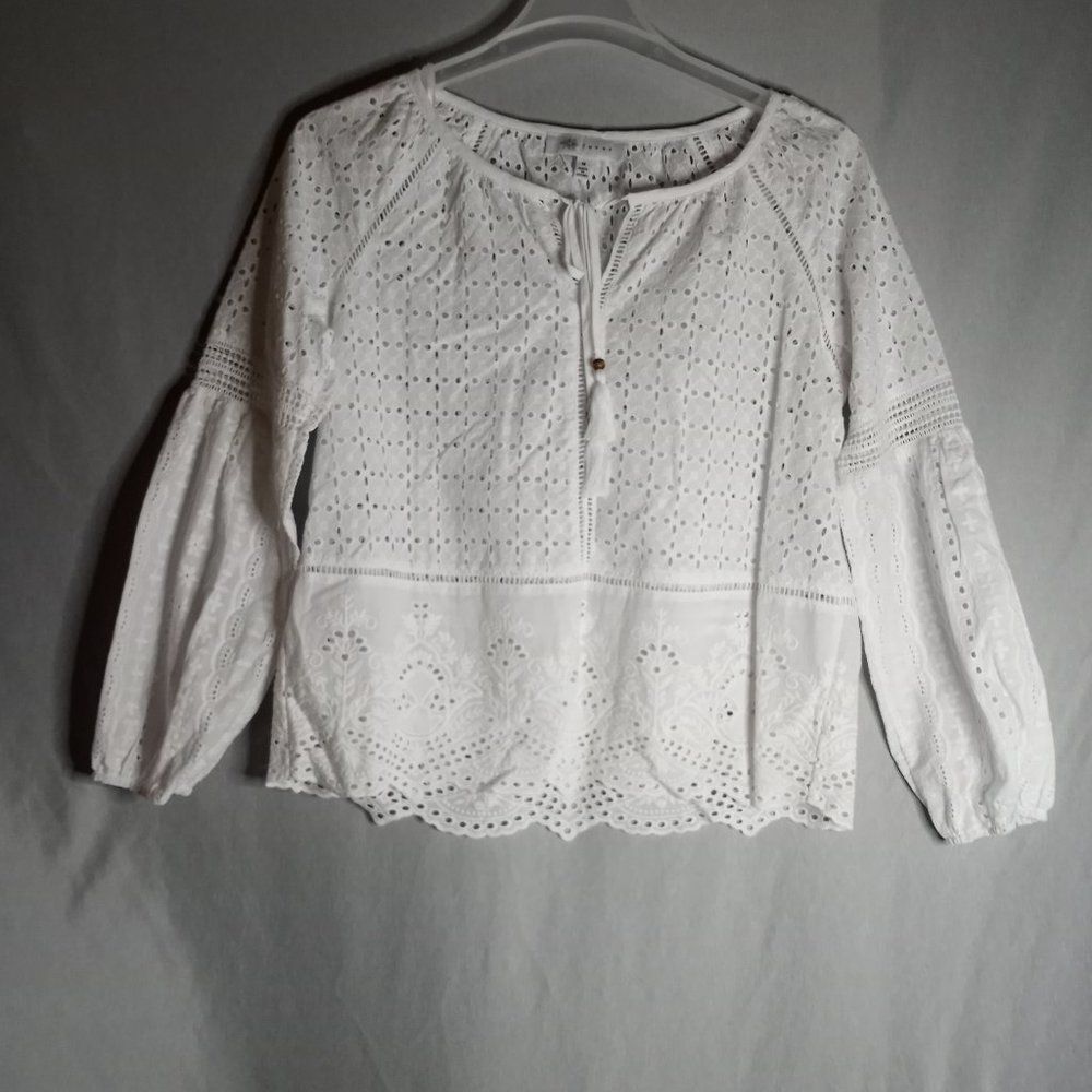 Fever White Hollow-Out Floral Pattern Long Puff Sleeves Women's Size M
